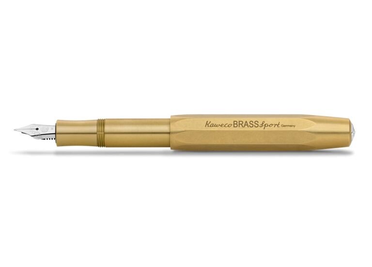 A kaweco brass sport fountain pen, a pocket-size writing tool, on white background