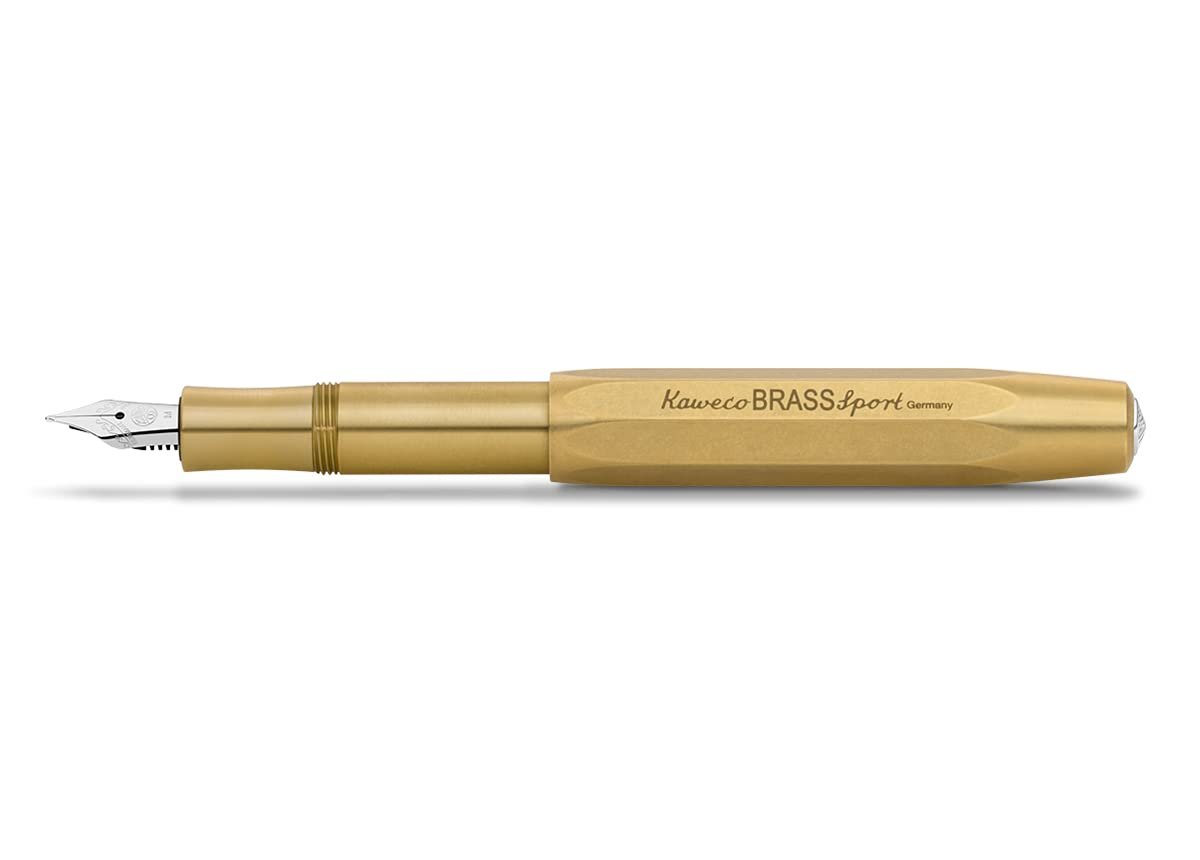 A kaweco brass sport fountain pen, a pocket-size writing tool, on white background