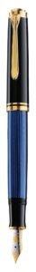 A close-up of a pelikan souverän fountain pen, version 1.0.0, black and blue