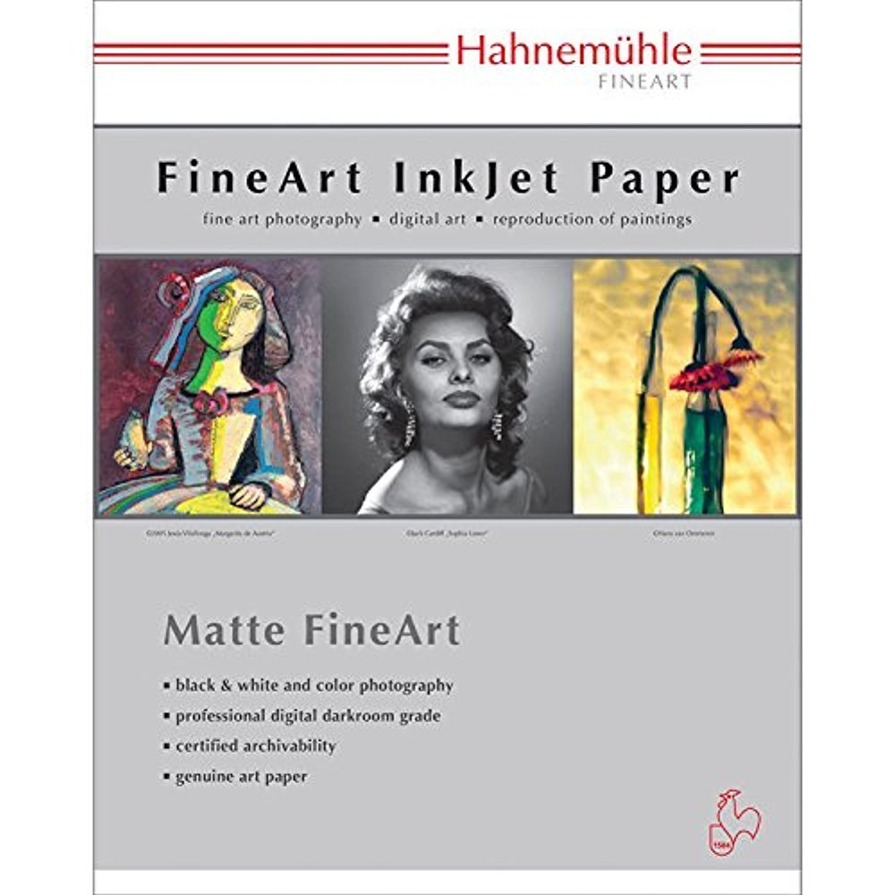 Hahnemühle fineart inkjet paper packaging, featuring sample images for printmaking
