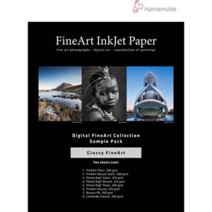 Hahnemühle fineart inkjet paper sample pack, featuring diverse images and paper types