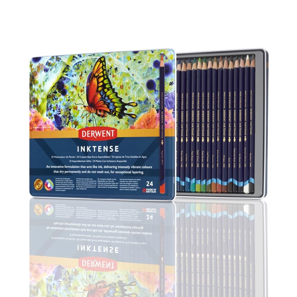 Derwent inktense pencils in a tin, showcasing vibrant colors for art, version 1.0.0