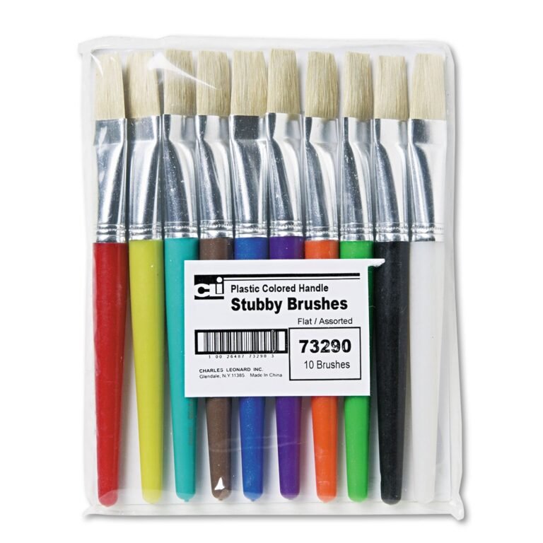 Pack of ten flat, stubby paint brushes with colorful handles, version 1.0.0