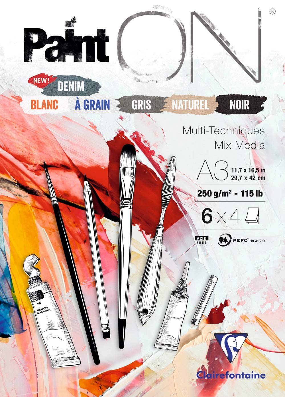 Clairefontaine painton mixed media pad version 1.0.0, with art supplies and colorful background