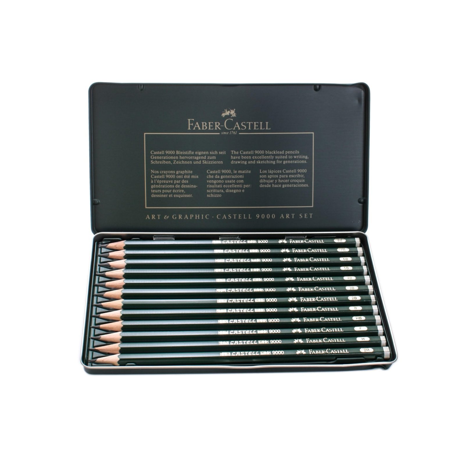 Faber-castell castell 9000 pencils in a tin, ideal for precision drawing and sketching