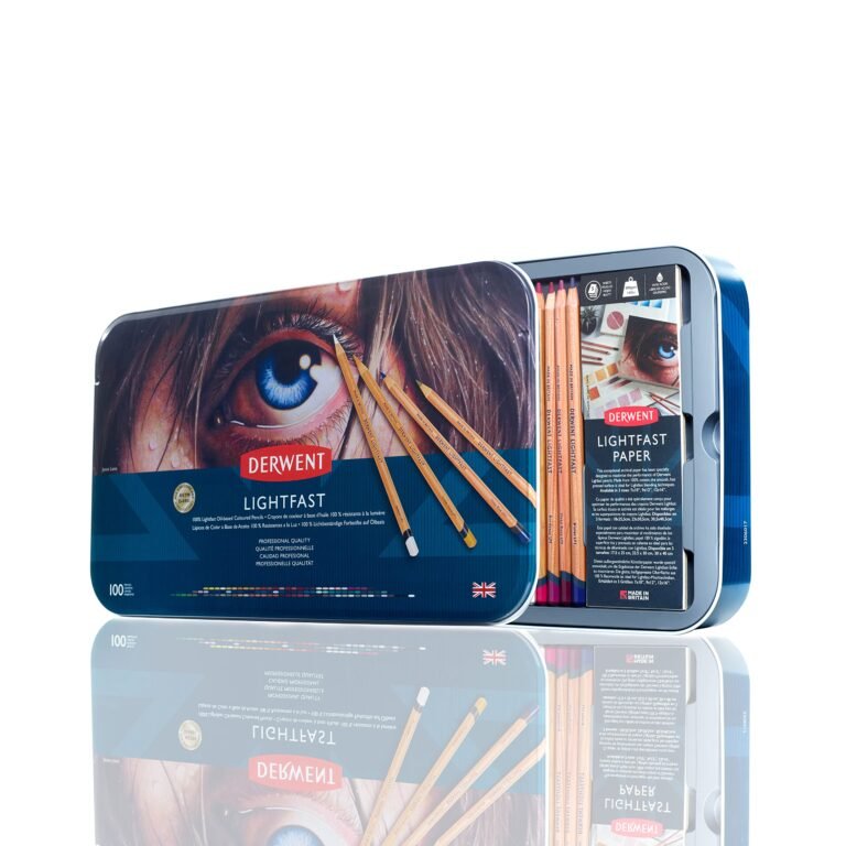 Derwent lightfast pencils in a tin, with an eye illustration, for archival artworks