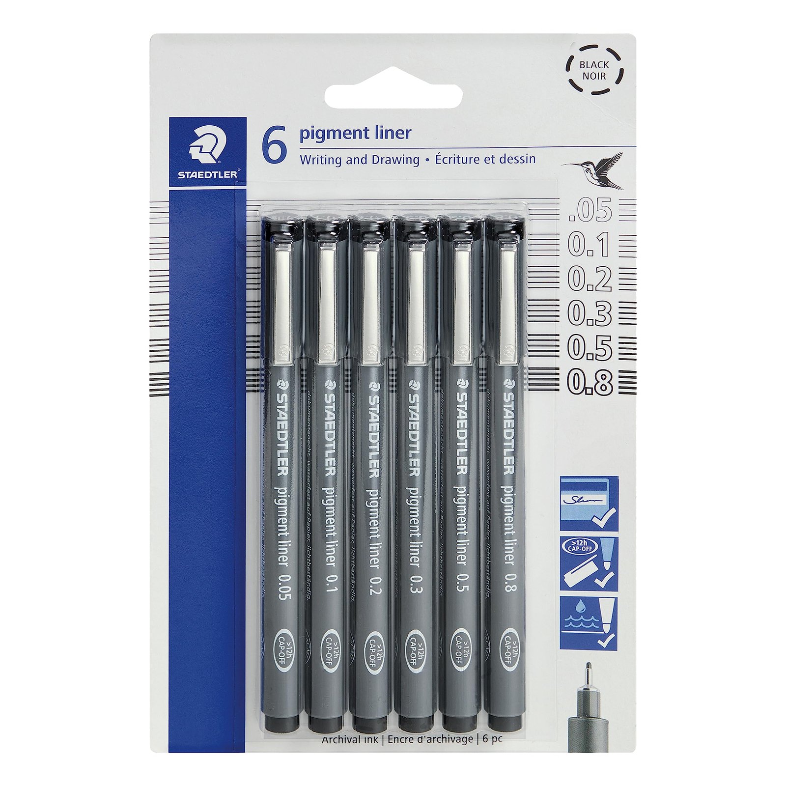 Package of six staedtler pigment liners, various sizes, for fine detail work