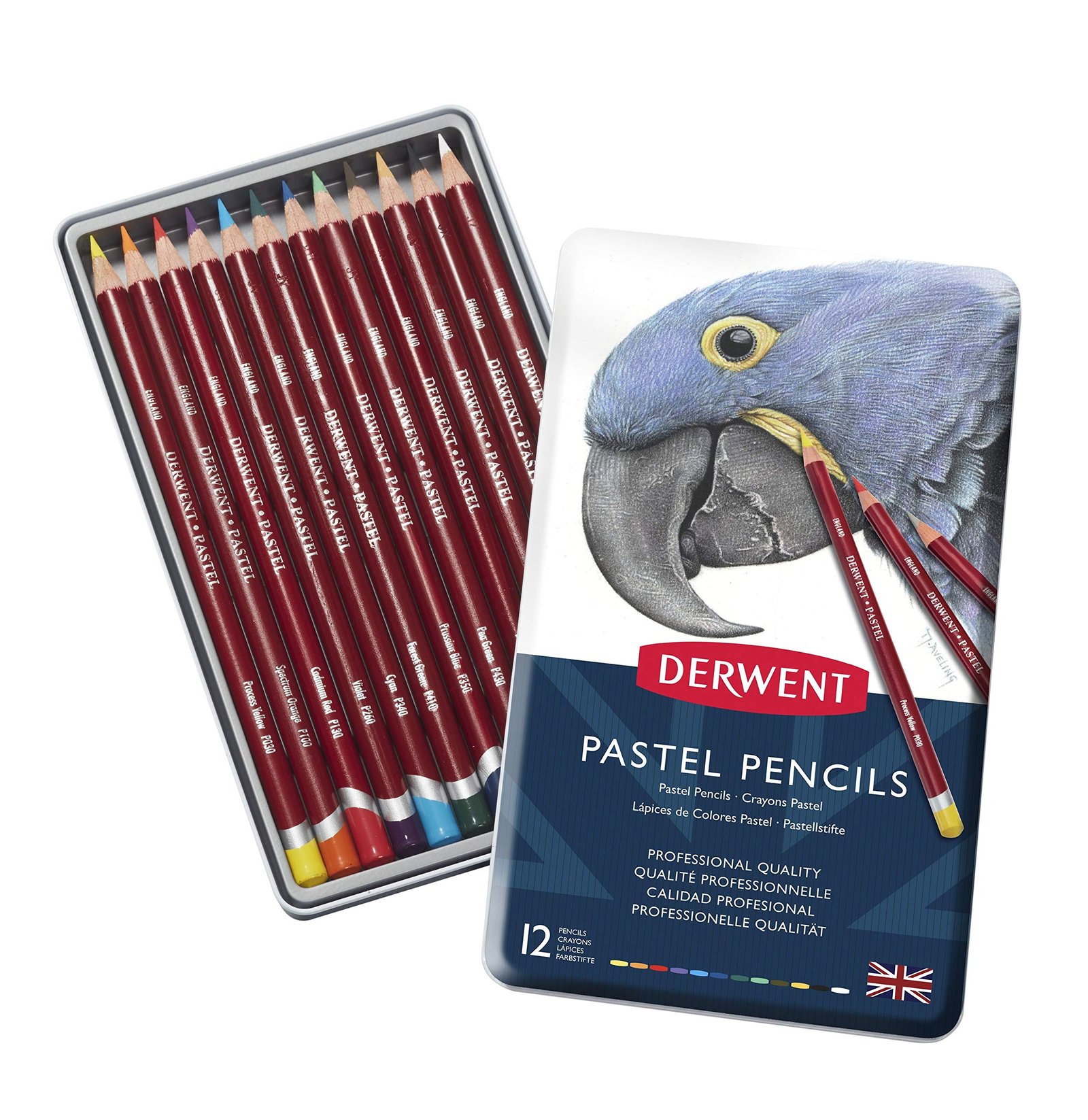 Derwent pastel pencils, version 1.0.0, with a parrot illustration on the packaging