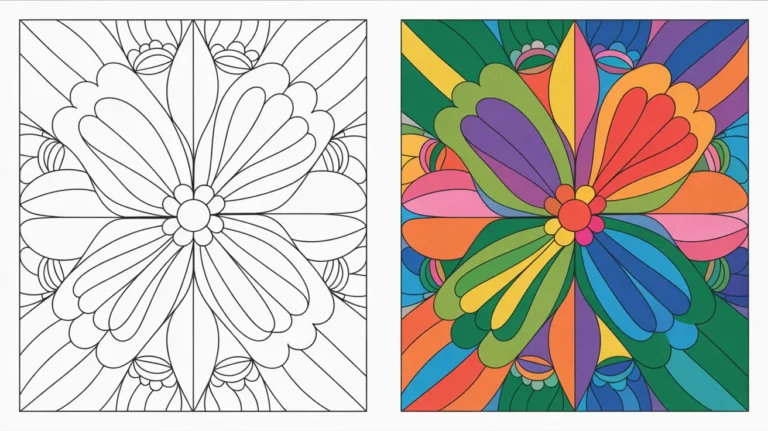 Zentangle coloring page featuring a symmetrical floral design with intricate petal shapes