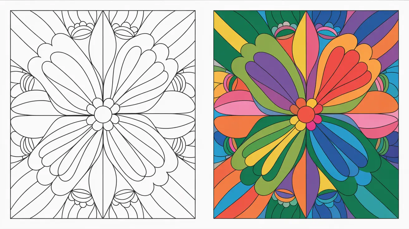 Zentangle coloring page featuring a symmetrical floral design with intricate petal shapes