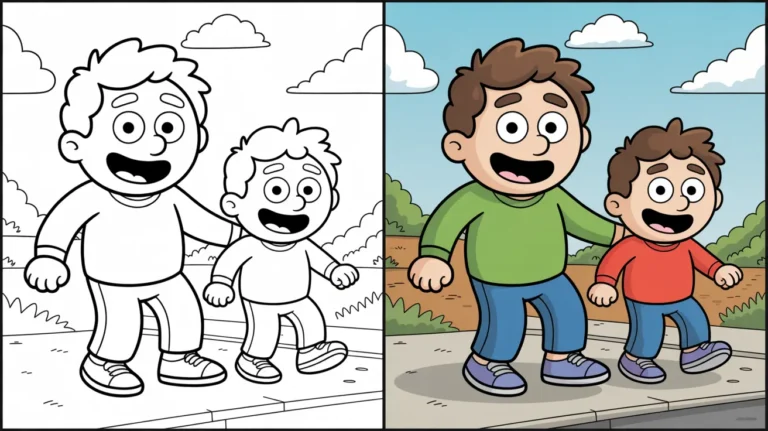 Stumble guys coloring page featuring two cartoon characters walking together on a path