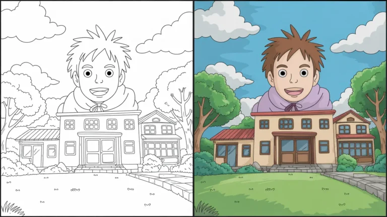 Studio ghibli coloring page featuring a smiling boy above a house