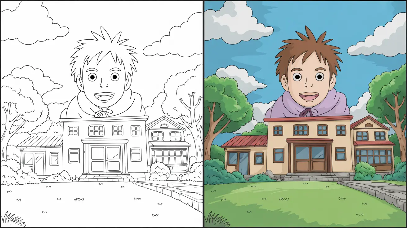 Studio ghibli coloring page featuring a smiling boy above a house