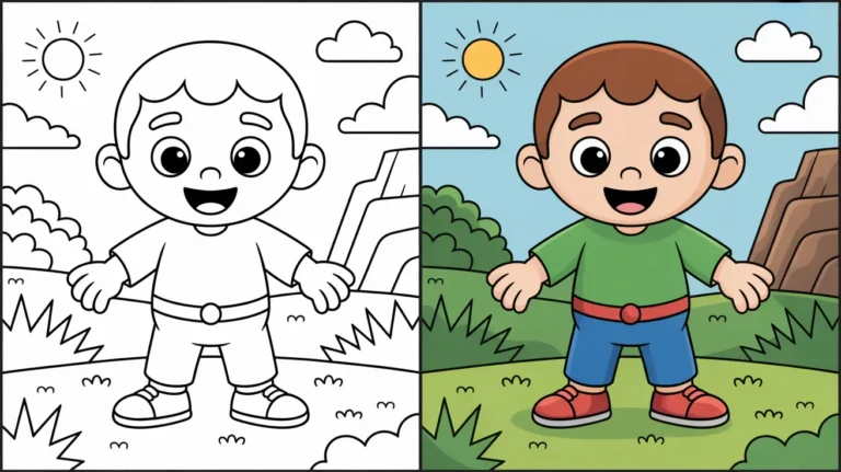 Dltk coloring page of a smiling boy in a landscape with sun and clouds