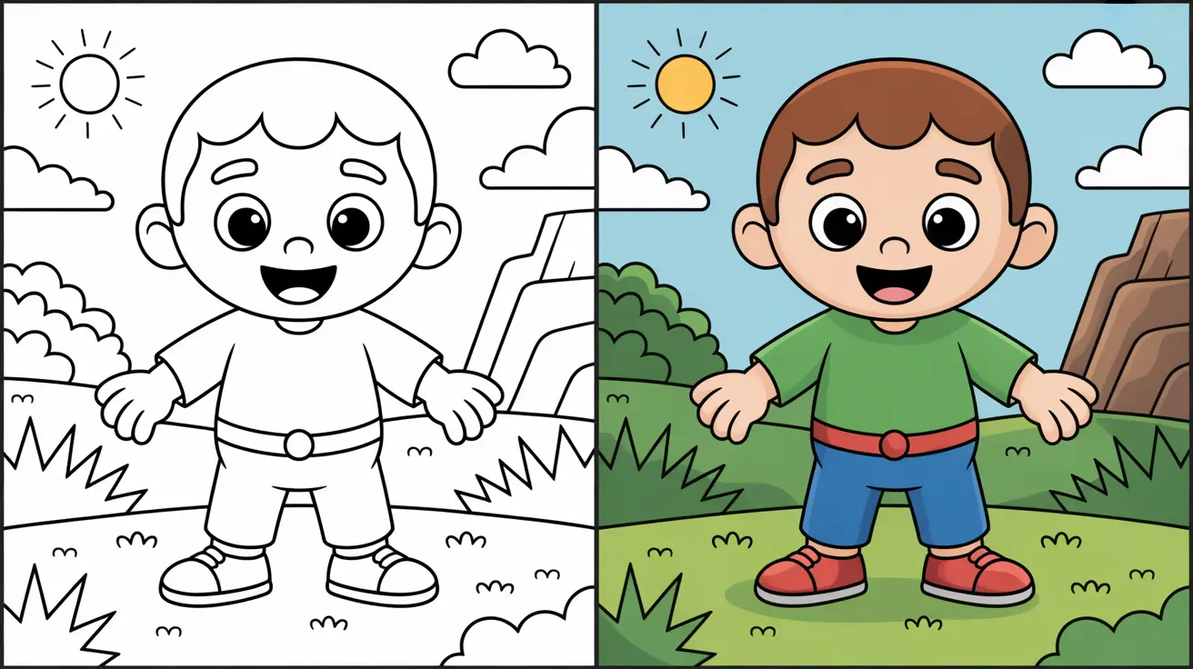 Dltk coloring page of a smiling boy in a landscape with sun and clouds
