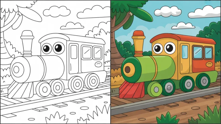 Dinosaur train coloring page featuring a cartoon train on tracks, ready to color