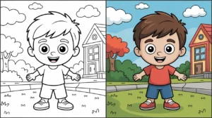 Cool2bkids coloring page: a smiling boy in a yard with a house