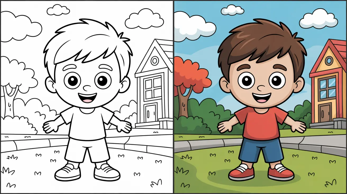 Cool2bkids coloring page: a smiling boy in a yard with a house