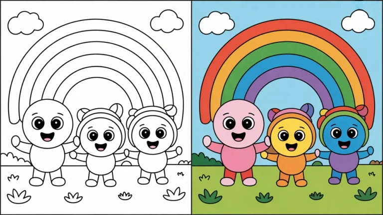 Rainbow friends coloring page featuring three colorful characters with a rainbow