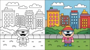 Big city greens coloring page featuring a character in front of buildings
