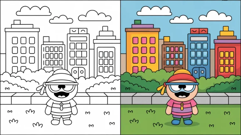 Big city greens coloring page featuring a character in front of buildings