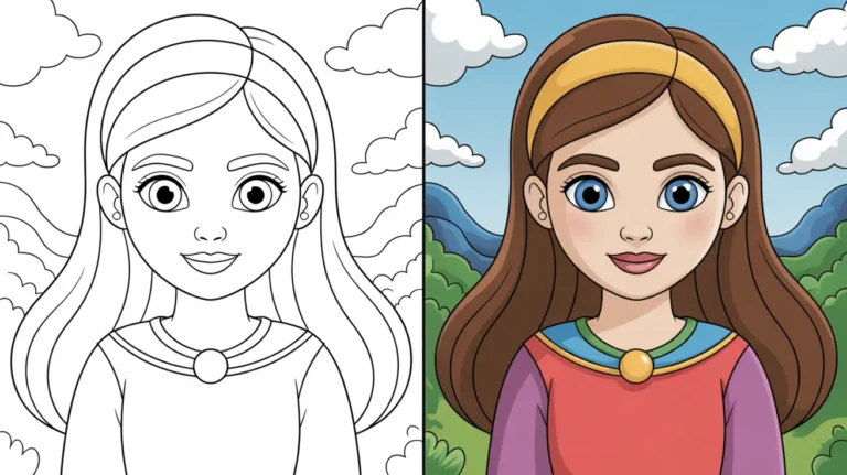 Anya coloring page: portrait of a girl, presented as a coloring page and a colored version