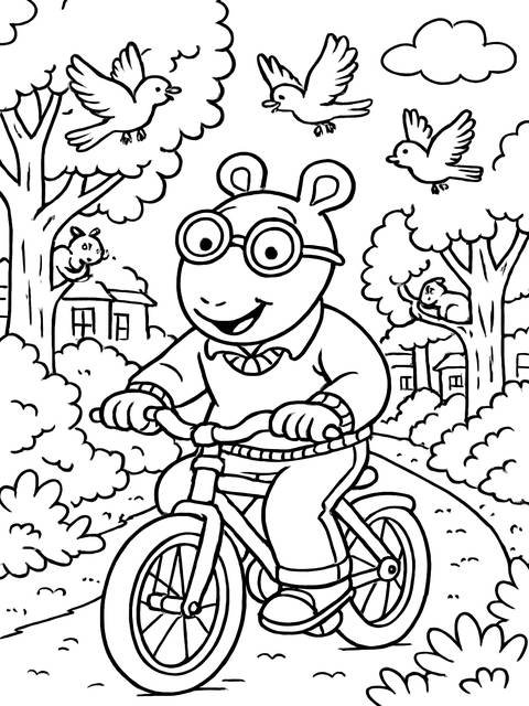 Black and white coloring page of arthur riding a bicycle with birds and trees