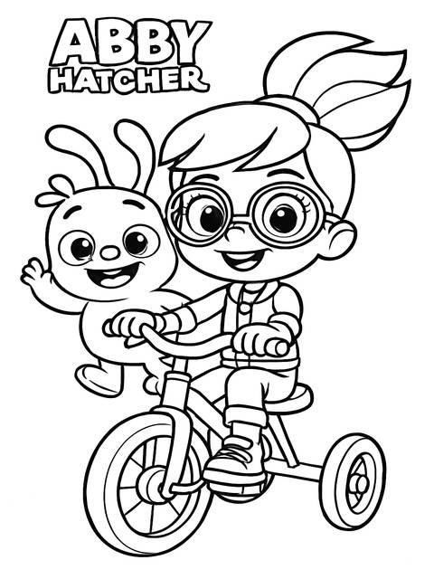 Abby hatcher coloring page: abby and a fuzzly riding a tricycle together