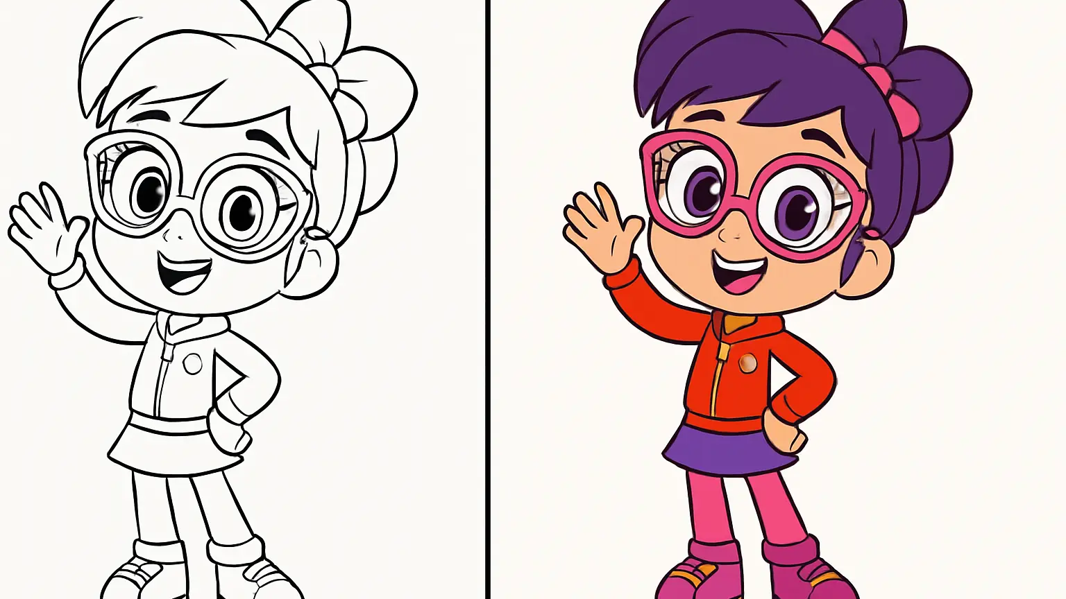Abby hatcher coloring page: a cartoon girl waving, wearing glasses and a red jacket