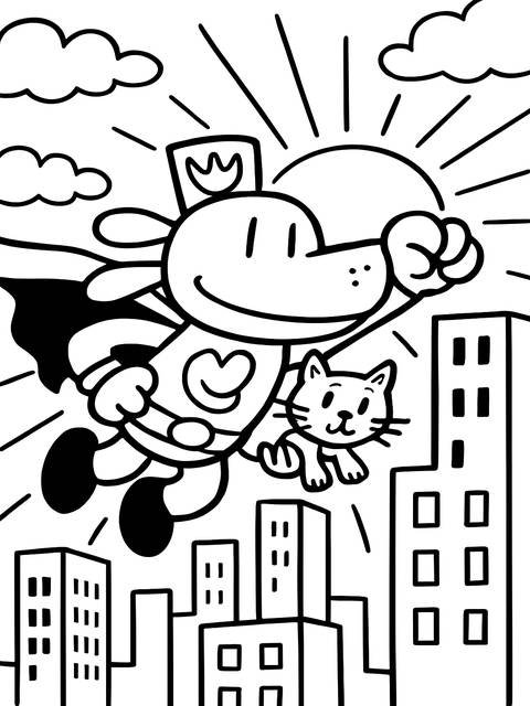 Dogman superhero flying with a cat over a city, black and white coloring page