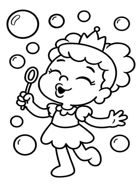 Coloring page of abby hatcher blowing bubbles, wearing a crown, and smiling