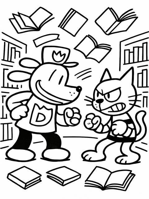Dog man versus petey the cat, a black and white illustration of a fight