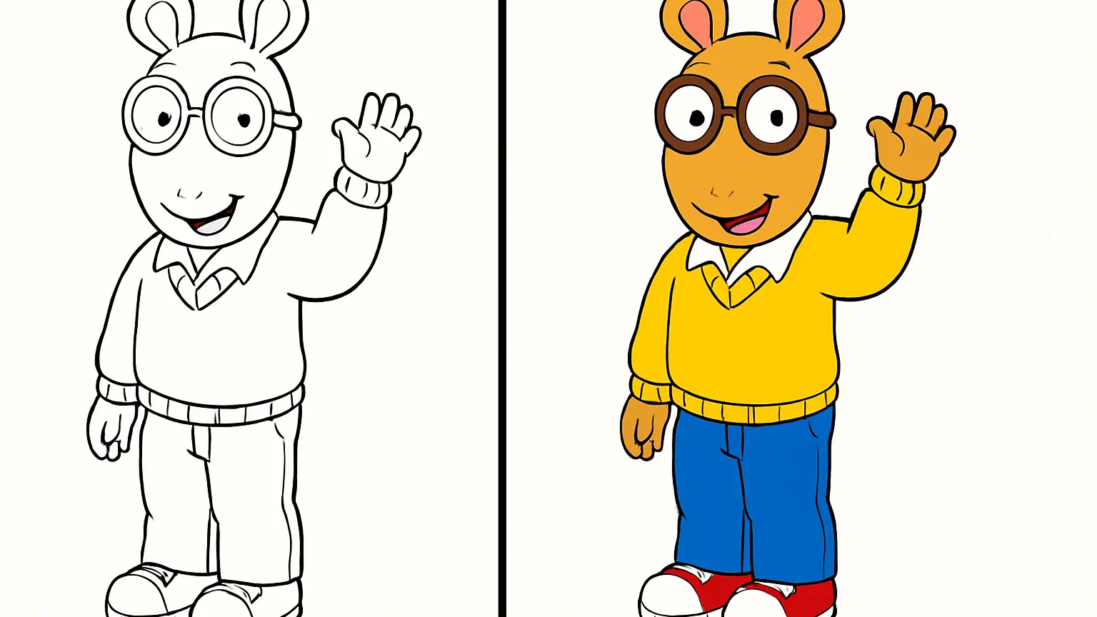 Arthur waving, from arthur coloring pages, wearing glasses and a yellow sweater