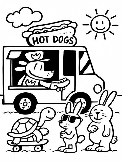 Dogman's food truck adventure: a black and white illustration of a hot dog truck