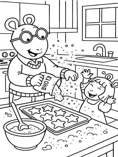 Arthur dean, the character, baking star-shaped cookies with a child in a kitchen