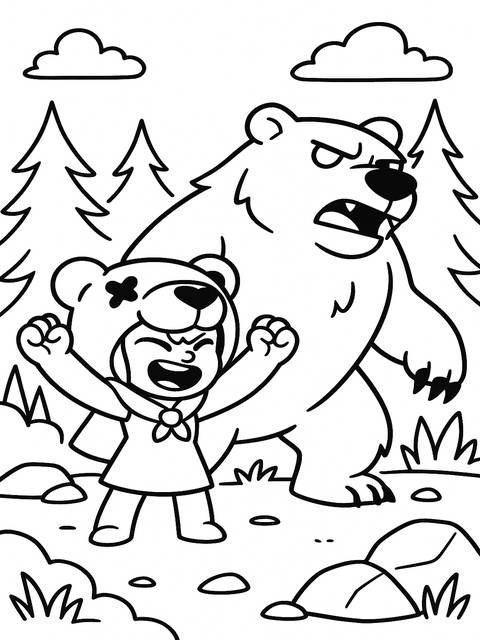 A brawl stars coloring page featuring a character with a bear and a large bear