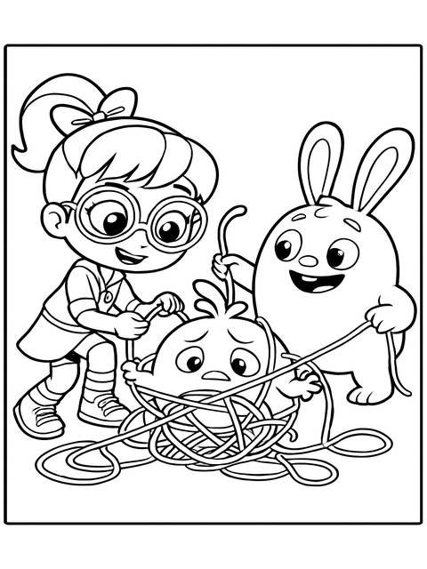 Abby hatcher coloring page featuring abby and her friends with tangled yarn
