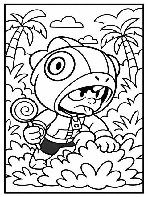 Coloring page of a brawl stars character holding a lollipop, surrounded by foliage
