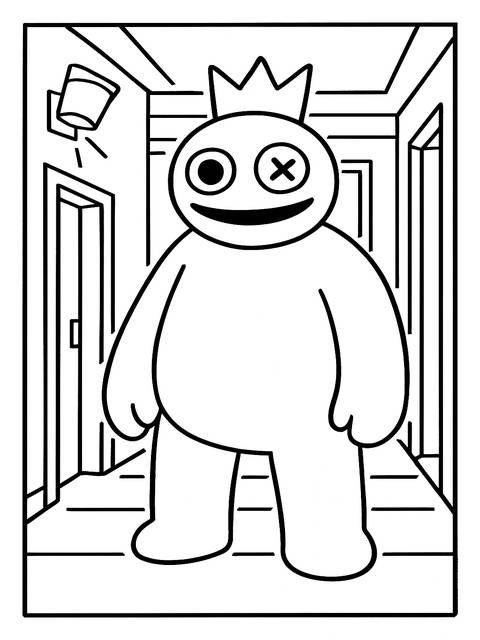 Black and white coloring page of a rainbow friends character in a hallway