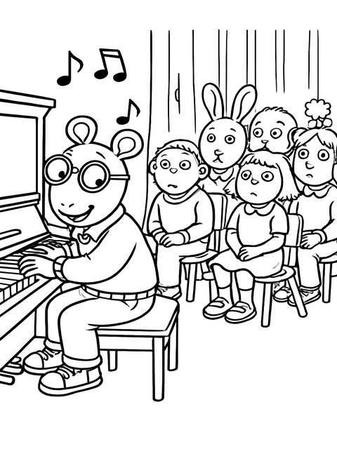 Arthur dean playing piano, with an audience of children and a rabbit listening
