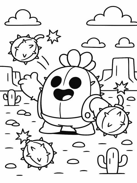 Brawl stars character spike with spiky projectiles in a desert landscape coloring page