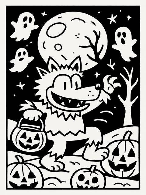 Dogman on halloween night, surrounded by pumpkins, ghosts, and a full moon