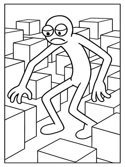 Coloring page of a sad stick figure navigating a maze of geometric blocks
