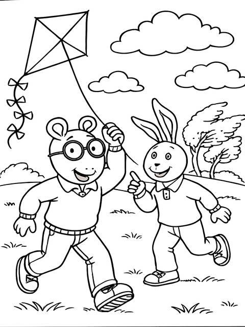 Arthur and a friend flying a kite on a sunny day