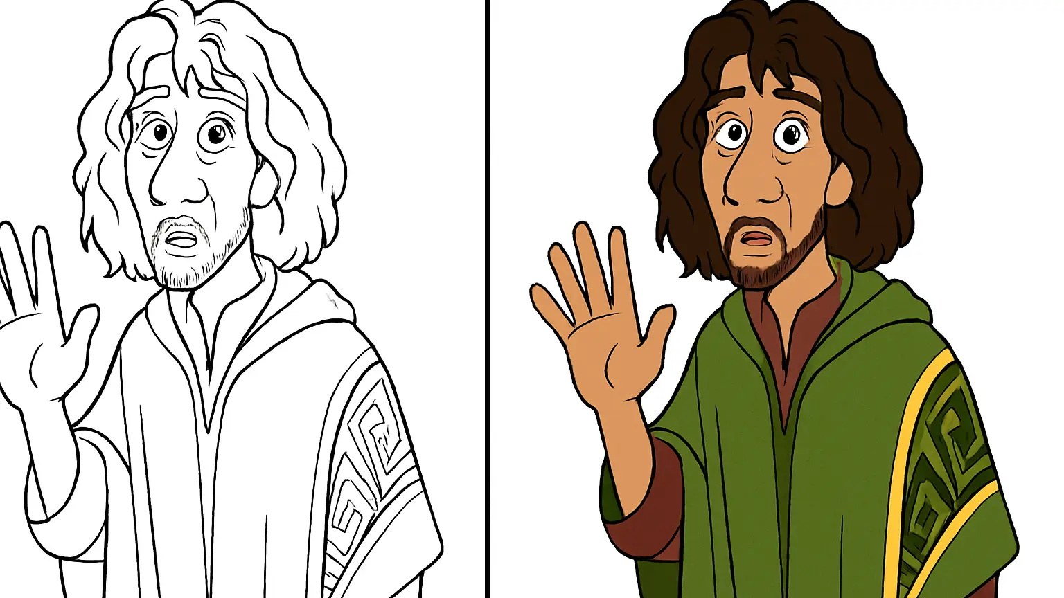 Bruno from encanto, a coloring page image, waving with a concerned expression