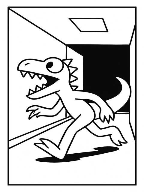 A black and white coloring page featuring a rainbow friends-like dinosaur character