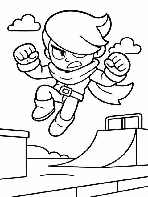 Black and white coloring page of a character from brawl stars jumping