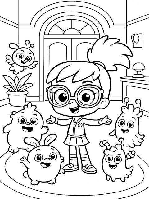 Black and white abby hatcher coloring page with abby and her fuzzly friends