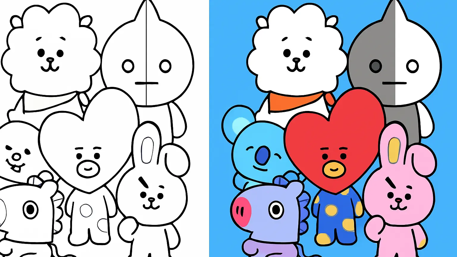 Bt21 characters coloring page, featuring various cartoon characters from the bt21 universe