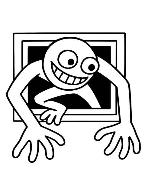 A rainbow friends coloring page featuring a smiling character emerging from a frame